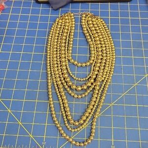 Gold Tone Beaded 7 Strand 16" Long Strand 9" Shortest l Necklace